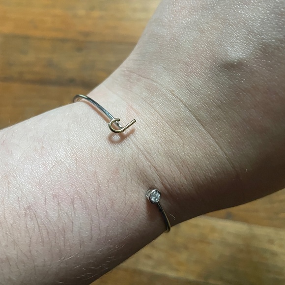EUC Cool and Interesting CAI Silver Bangle Cuff Bracelet with "J" Gold Initial - Picture 2 of 3
